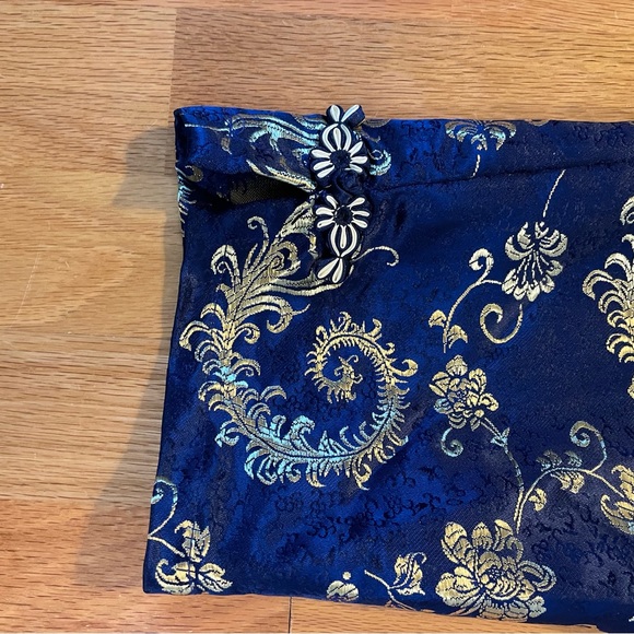 Traditional Vietnamese Silk Pant Suit Blue Gold Brocade Small - Picture 10 of 11